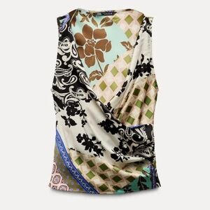 NWT Zara Green and Blue Asymmetrical Wrap Blouse sz Medium